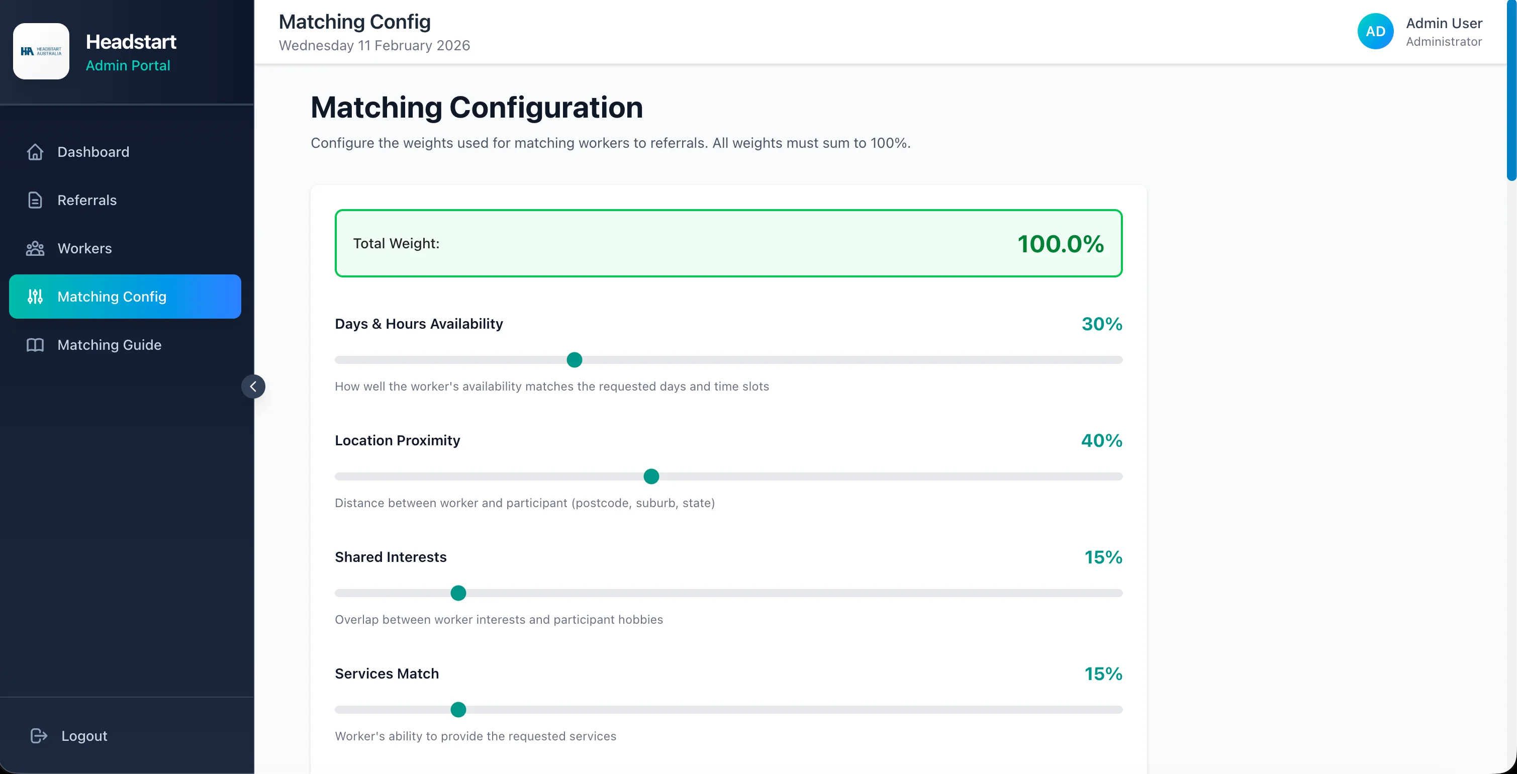 HeadStart Matching Configuration